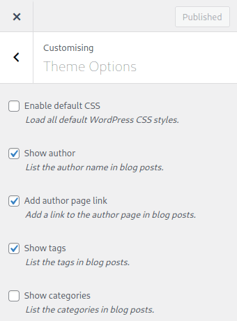 Theme Options:
- Enable default CSS
- Show author
- Add author page link
- Show tags
- Show categories