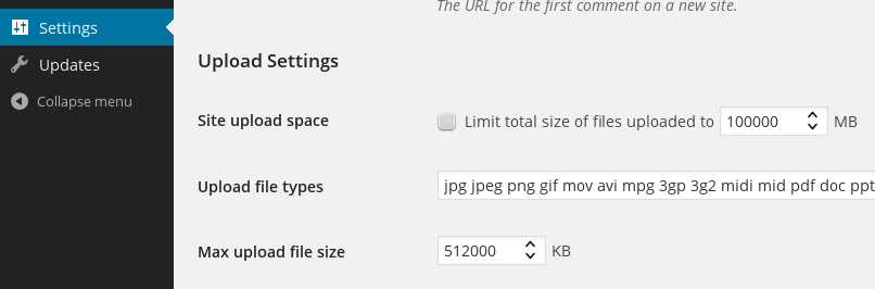 Multisite upload size settings