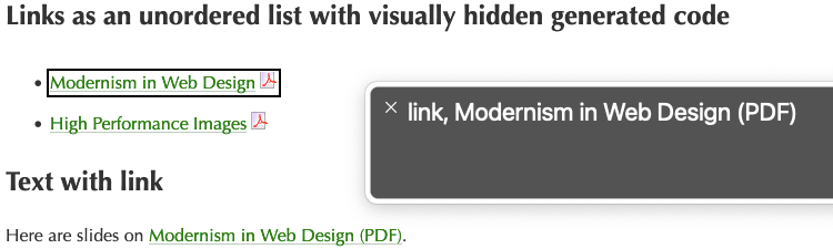 VoiceOver output: link, Modernism in Web Design (PDF)